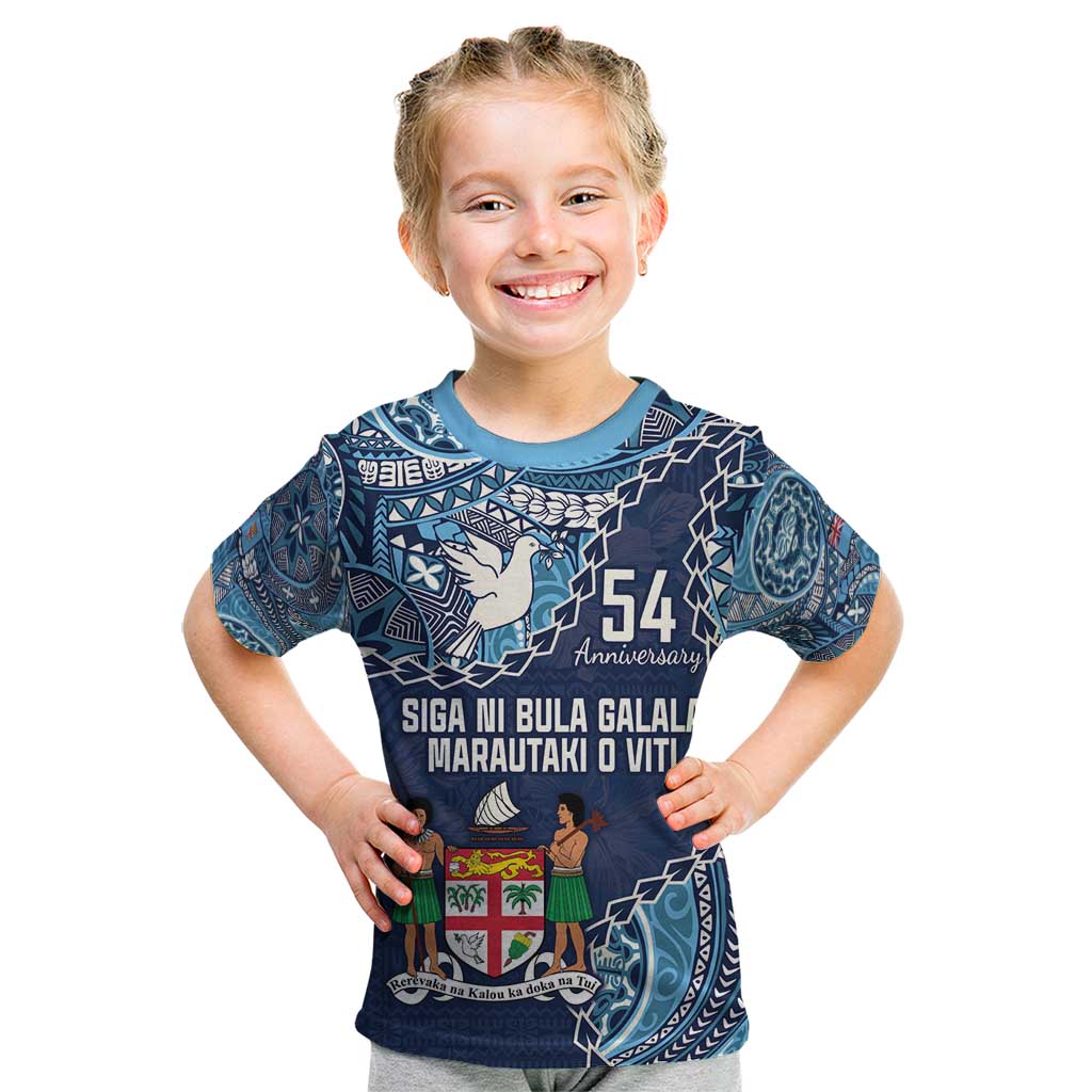 Personalised Fiji 54th Anniversary Kid T Shirt Siga Ni Bula Galala Marautaki O Viti LT9 Blue - Polynesian Pride