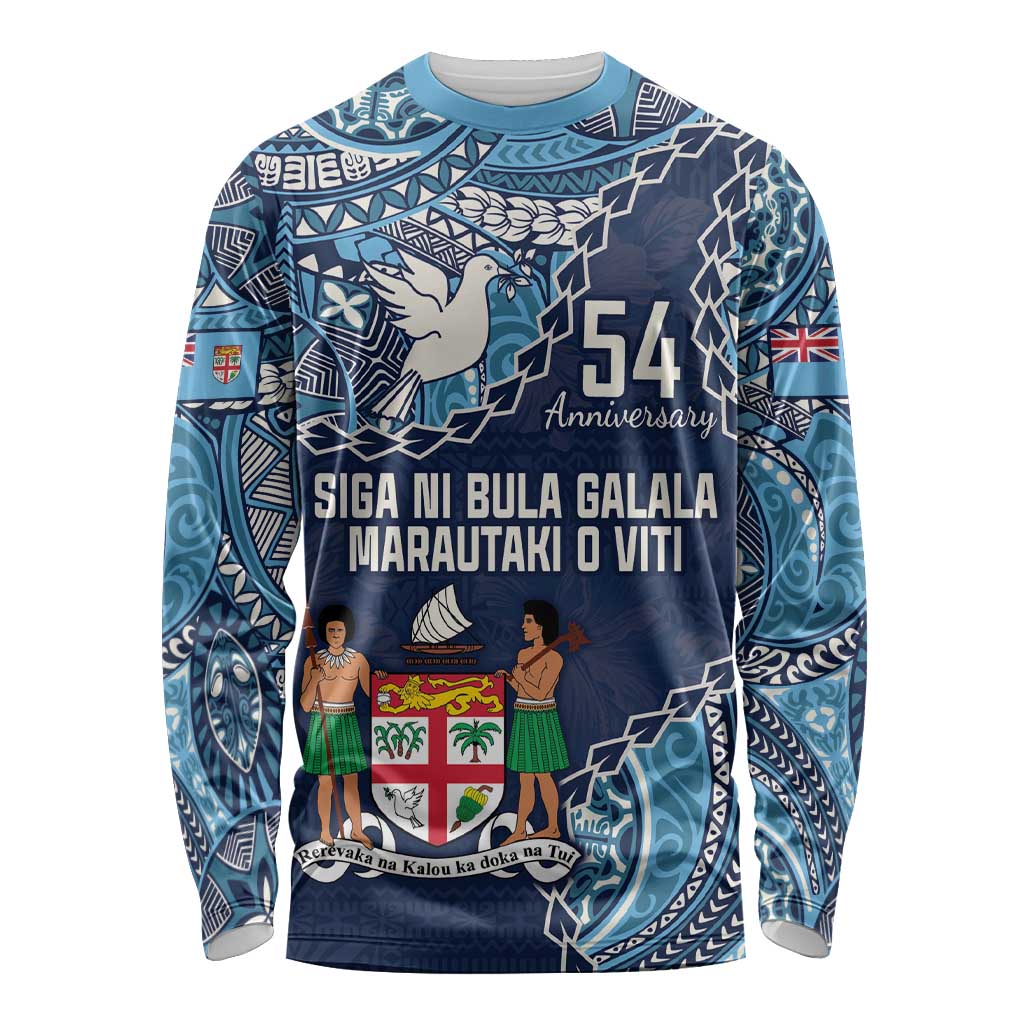 Personalised Fiji 54th Anniversary Long Sleeve Shirt Siga Ni Bula Galala Marautaki O Viti LT9 Unisex Blue - Polynesian Pride