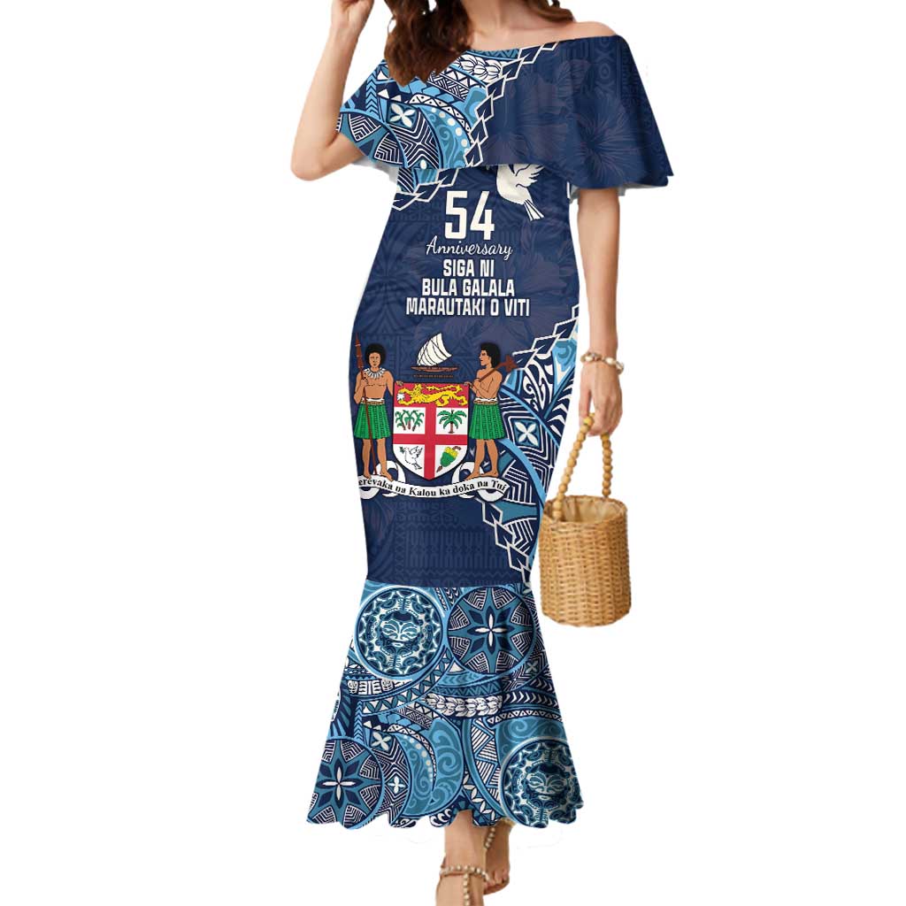 Personalised Fiji 54th Anniversary Mermaid Dress Siga Ni Bula Galala Marautaki O Viti LT9 Women Blue - Polynesian Pride