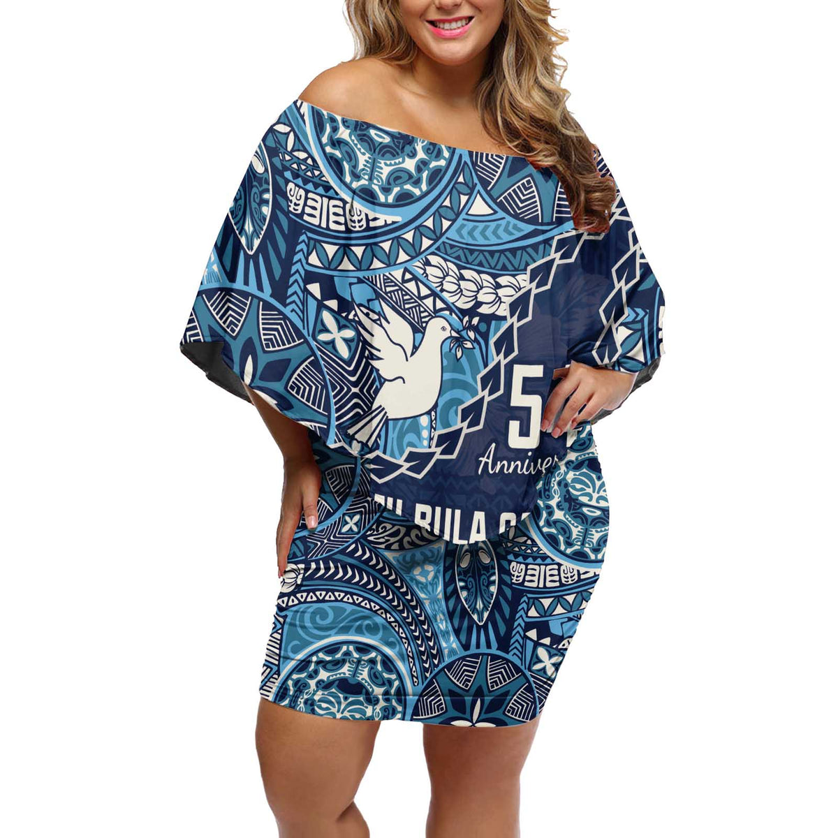 Personalised Fiji 54th Anniversary Off Shoulder Short Dress Siga Ni Bula Galala Marautaki O Viti LT9 Women Blue - Polynesian Pride