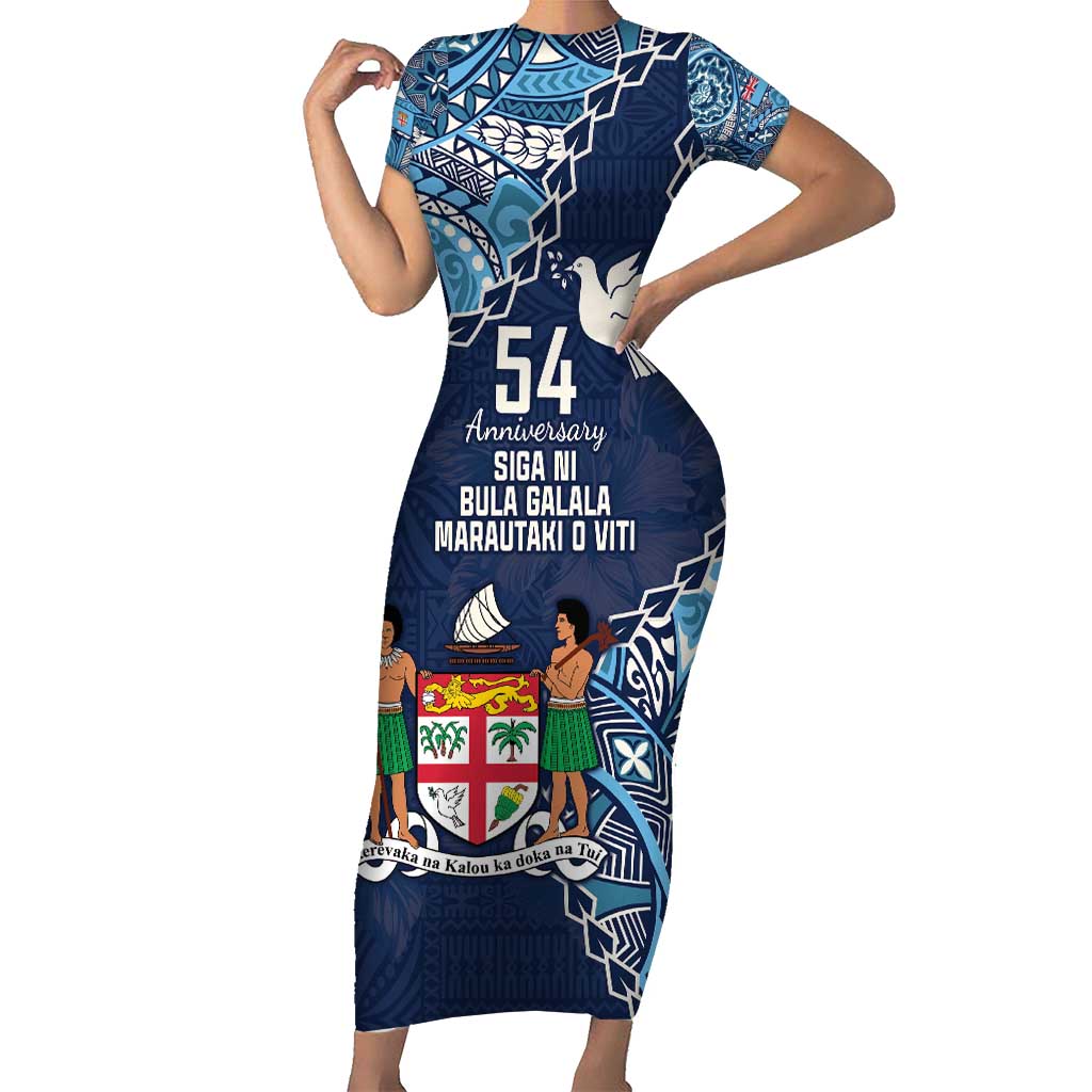 Personalised Fiji 54th Anniversary Short Sleeve Bodycon Dress Siga Ni Bula Galala Marautaki O Viti LT9 Long Dress Blue - Polynesian Pride