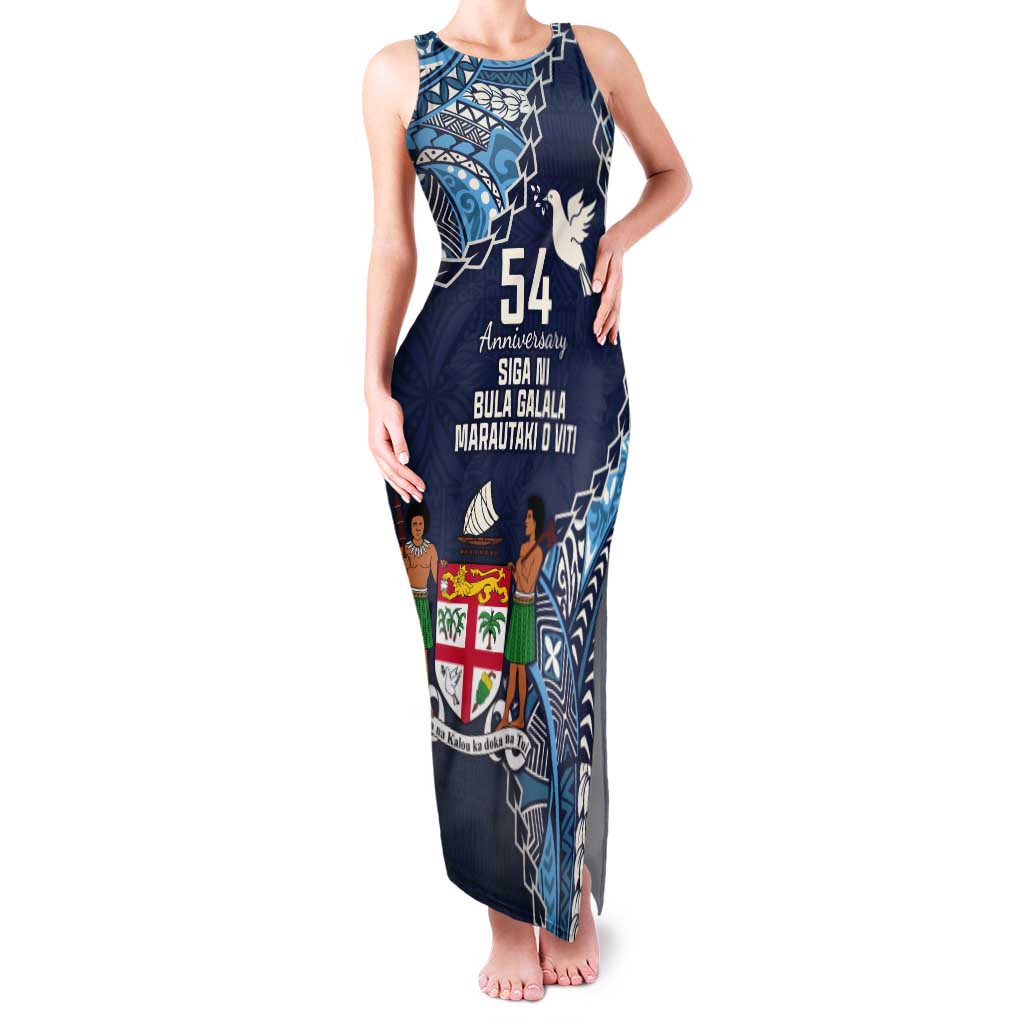 Personalised Fiji 54th Anniversary Tank Maxi Dress Siga Ni Bula Galala Marautaki O Viti LT9 Women Blue - Polynesian Pride