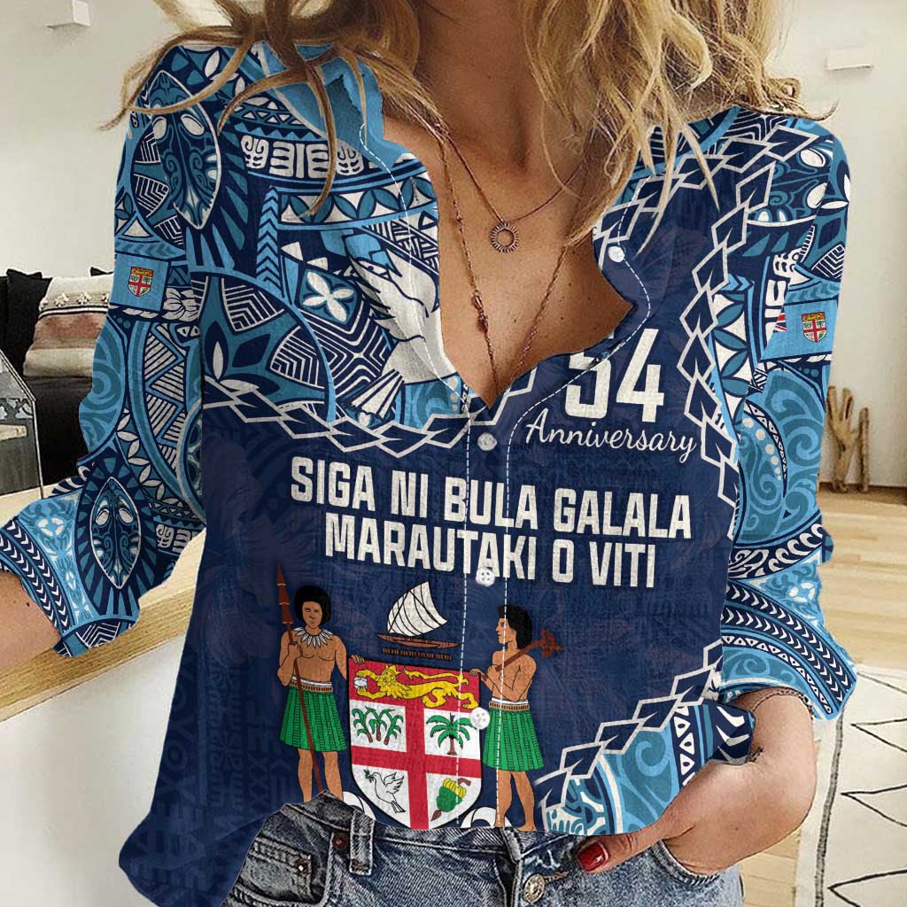 Personalised Fiji 54th Anniversary Women Casual Shirt Siga Ni Bula Galala Marautaki O Viti LT9 Female Blue - Polynesian Pride
