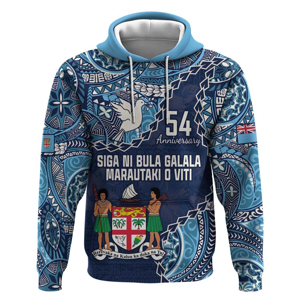 Personalised Fiji 54th Anniversary Zip Hoodie Siga Ni Bula Galala Marautaki O Viti LT9 Pullover Hoodie Blue - Polynesian Pride
