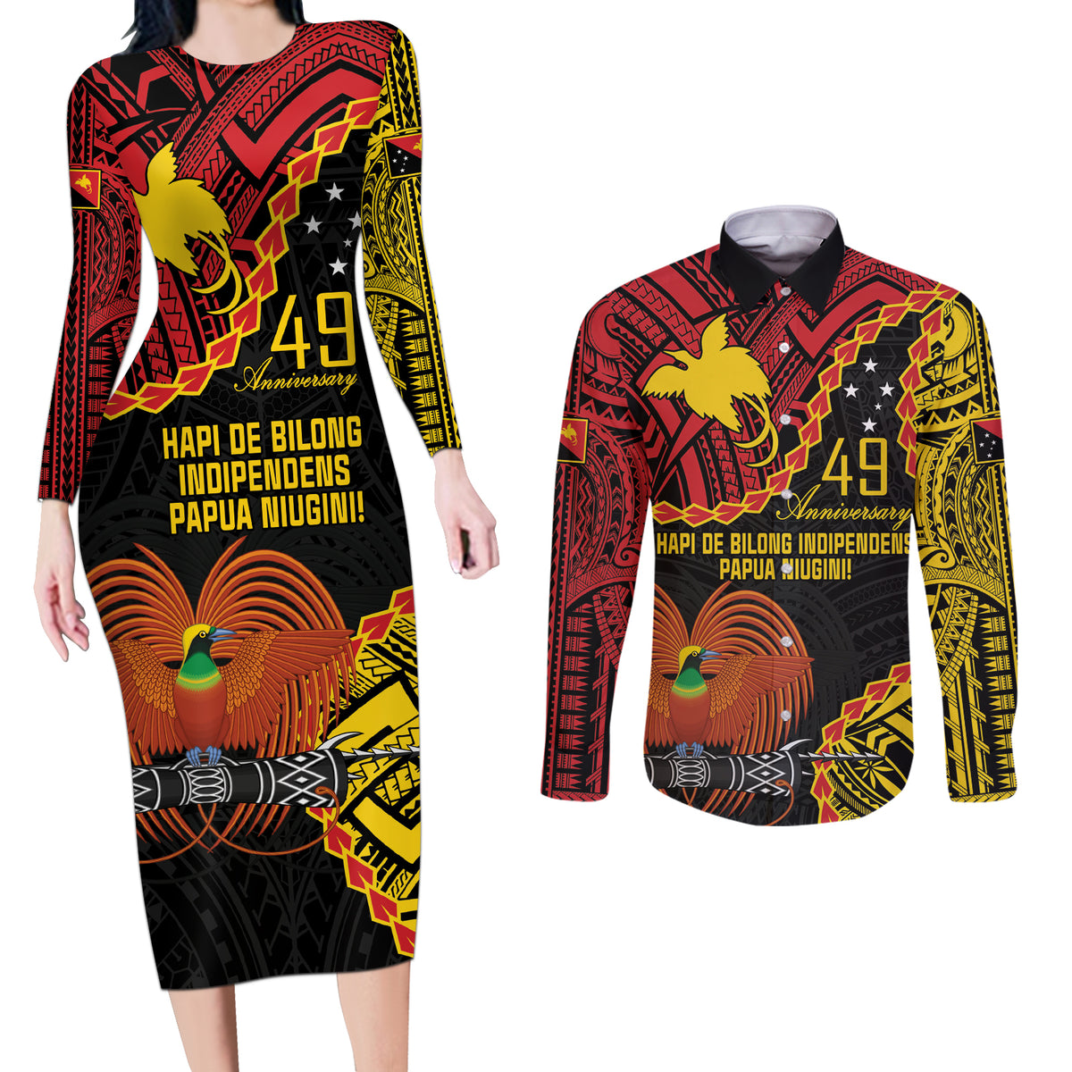 Personalised Papua New Guinea 49th Anniversary Couples Matching Long Sleeve Bodycon Dress and Long Sleeve Button Shirt Hapi De bilong Indipendens Papua Niugini LT9 Black - Polynesian Pride
