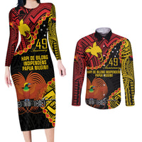 Personalised Papua New Guinea 49th Anniversary Couples Matching Long Sleeve Bodycon Dress and Long Sleeve Button Shirt Hapi De bilong Indipendens Papua Niugini LT9 Black - Polynesian Pride