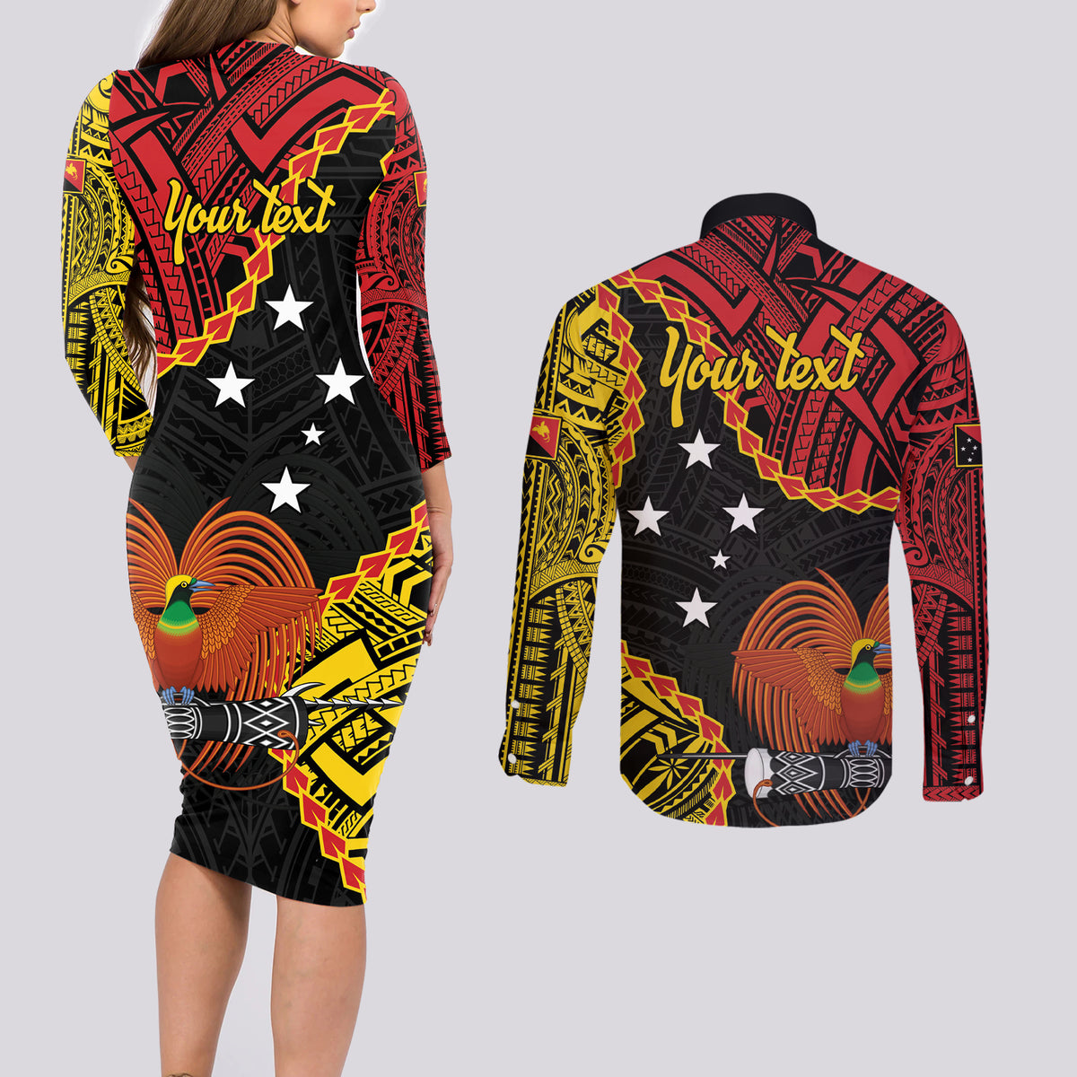 Personalised Papua New Guinea 49th Anniversary Couples Matching Long Sleeve Bodycon Dress and Long Sleeve Button Shirt Hapi De bilong Indipendens Papua Niugini LT9 - Polynesian Pride