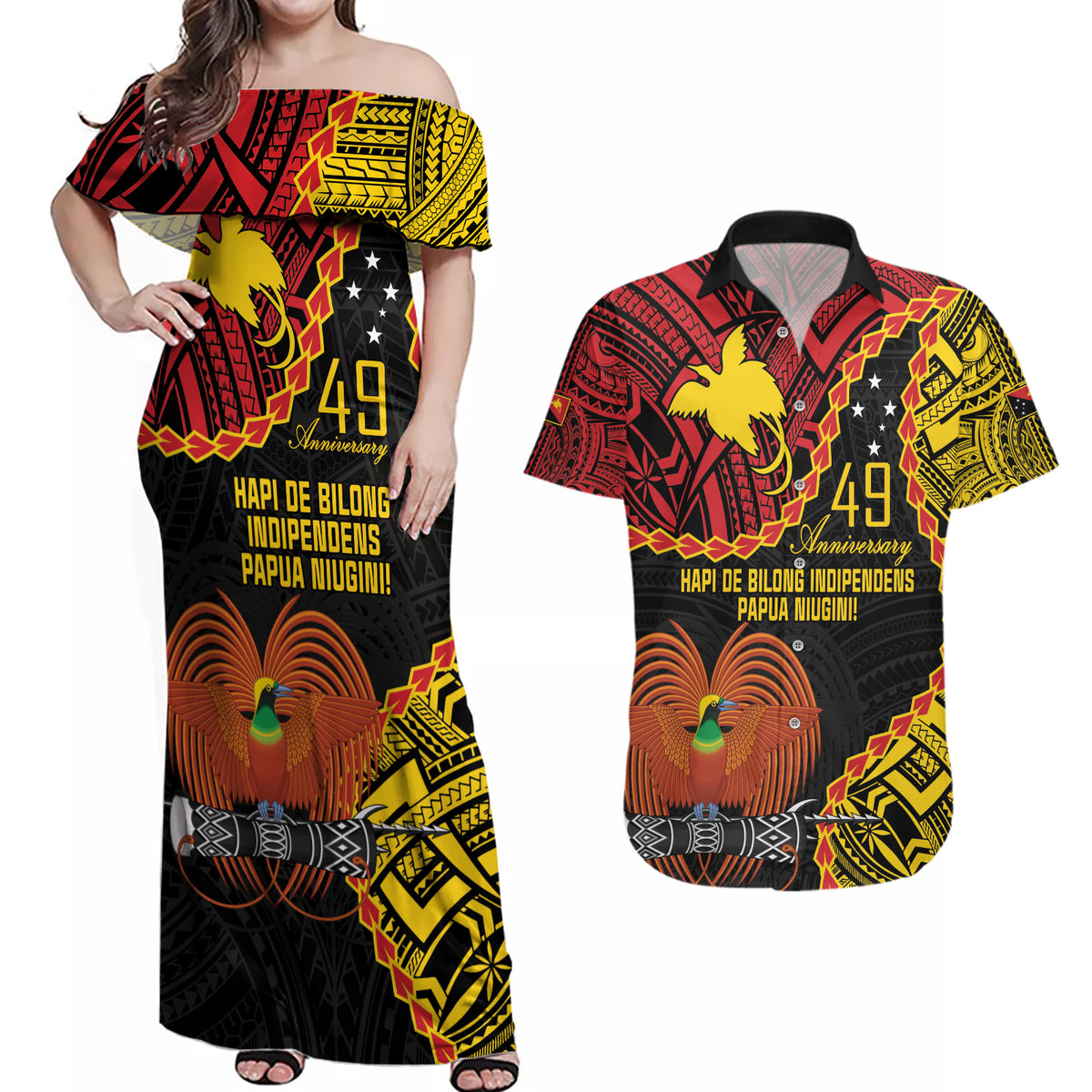 Personalised Papua New Guinea 49th Anniversary Couples Matching Off Shoulder Maxi Dress and Hawaiian Shirt Hapi De bilong Indipendens Papua Niugini LT9 Black - Polynesian Pride