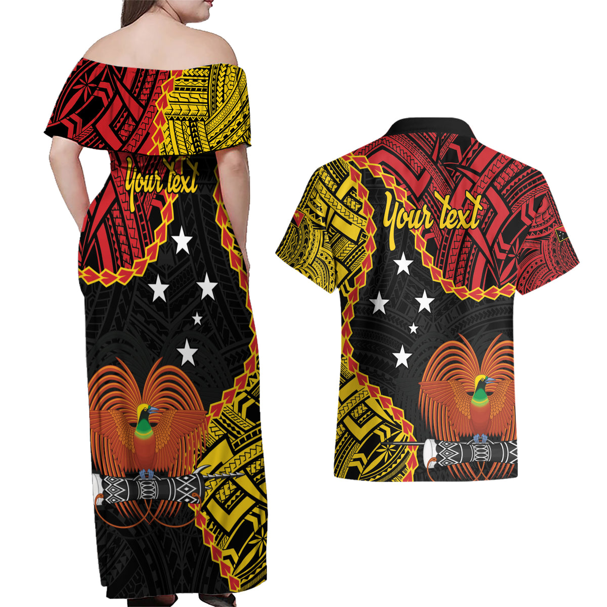 Personalised Papua New Guinea 49th Anniversary Couples Matching Off Shoulder Maxi Dress and Hawaiian Shirt Hapi De bilong Indipendens Papua Niugini LT9 - Polynesian Pride