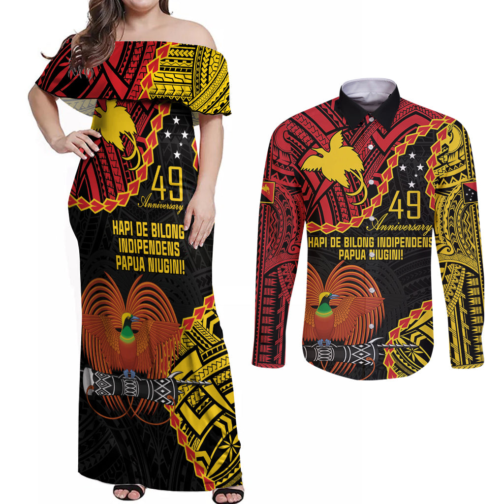 Personalised Papua New Guinea 49th Anniversary Couples Matching Off Shoulder Maxi Dress and Long Sleeve Button Shirt Hapi De bilong Indipendens Papua Niugini LT9 Black - Polynesian Pride