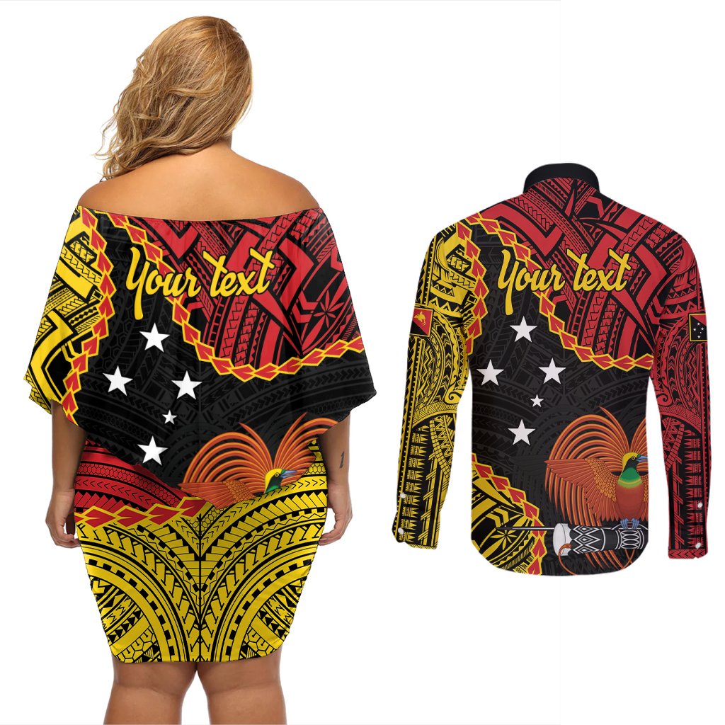 Personalised Papua New Guinea 49th Anniversary Couples Matching Off Shoulder Short Dress and Long Sleeve Button Shirt Hapi De bilong Indipendens Papua Niugini LT9 - Polynesian Pride