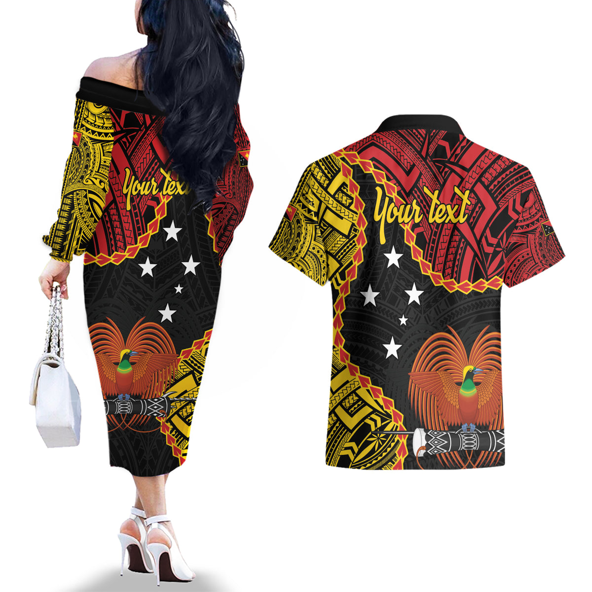 Personalised Papua New Guinea 49th Anniversary Couples Matching Off The Shoulder Long Sleeve Dress and Hawaiian Shirt Hapi De bilong Indipendens Papua Niugini LT9 - Polynesian Pride
