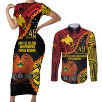 Personalised Papua New Guinea 49th Anniversary Couples Matching Short Sleeve Bodycon Dress and Long Sleeve Button Shirt Hapi De bilong Indipendens Papua Niugini LT9 Black - Polynesian Pride