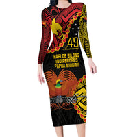 Personalised Papua New Guinea 49th Anniversary Family Matching Long Sleeve Bodycon Dress and Hawaiian Shirt Hapi De bilong Indipendens Papua Niugini LT9 Mom's Dress Black - Polynesian Pride