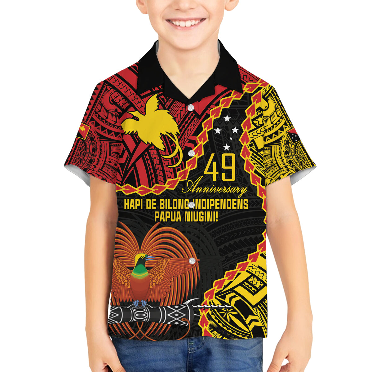 Personalised Papua New Guinea 49th Anniversary Family Matching Off The Shoulder Long Sleeve Dress and Hawaiian Shirt Hapi De bilong Indipendens Papua Niugini LT9 Son's Shirt Black - Polynesian Pride