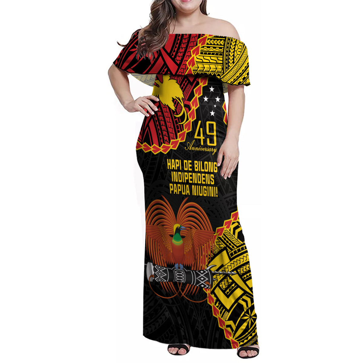 Personalised Papua New Guinea 49th Anniversary Family Matching Off Shoulder Maxi Dress and Hawaiian Shirt Hapi De bilong Indipendens Papua Niugini LT9 Mom's Dress Black - Polynesian Pride