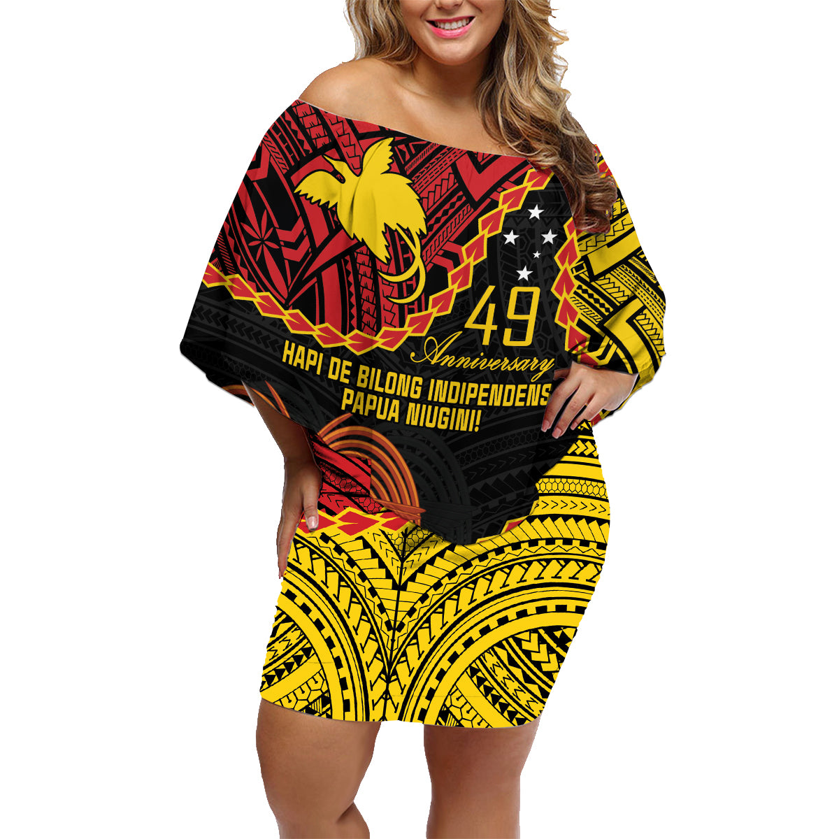 Personalised Papua New Guinea 49th Anniversary Family Matching Off Shoulder Short Dress and Hawaiian Shirt Hapi De bilong Indipendens Papua Niugini LT9 Mom's Dress Black - Polynesian Pride