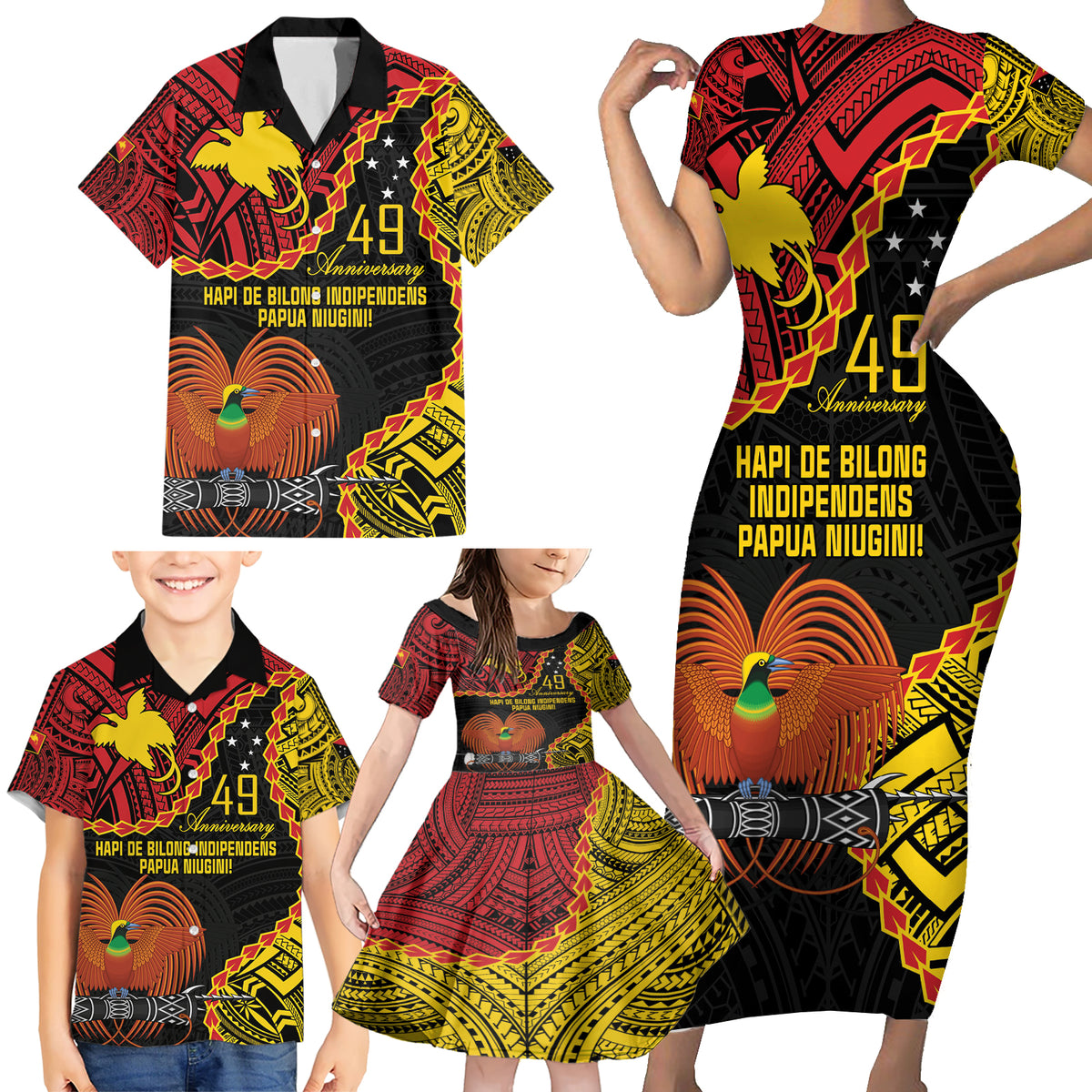 Personalised Papua New Guinea 49th Anniversary Family Matching Short Sleeve Bodycon Dress and Hawaiian Shirt Hapi De bilong Indipendens Papua Niugini LT9 - Polynesian Pride