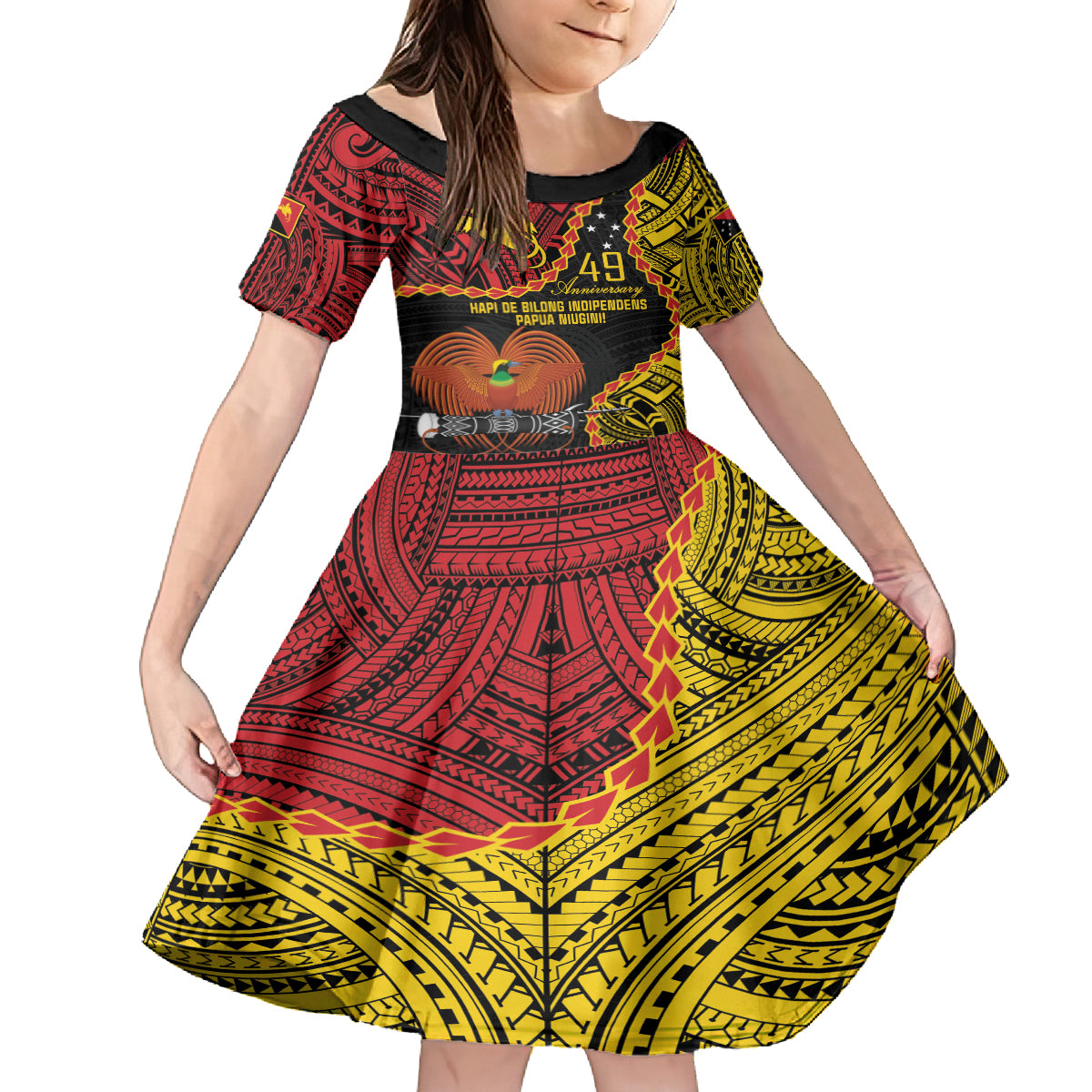 Personalised Papua New Guinea 49th Anniversary Family Matching Tank Maxi Dress and Hawaiian Shirt Hapi De bilong Indipendens Papua Niugini LT9 Daughter's Dress Black - Polynesian Pride