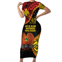 Personalised Papua New Guinea 49th Anniversary Short Sleeve Bodycon Dress Hapi De bilong Indipendens Papua Niugini LT9 Long Dress Black - Polynesian Pride