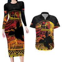 Personalised Papua New Guinea 49th Anniversary Couples Matching Long Sleeve Bodycon Dress and Hawaiian Shirt Bird of Paradise Unity In Diversity LT9 Black - Polynesian Pride