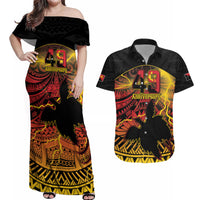 Personalised Papua New Guinea 49th Anniversary Couples Matching Off Shoulder Maxi Dress and Hawaiian Shirt Bird of Paradise Unity In Diversity LT9 Black - Polynesian Pride
