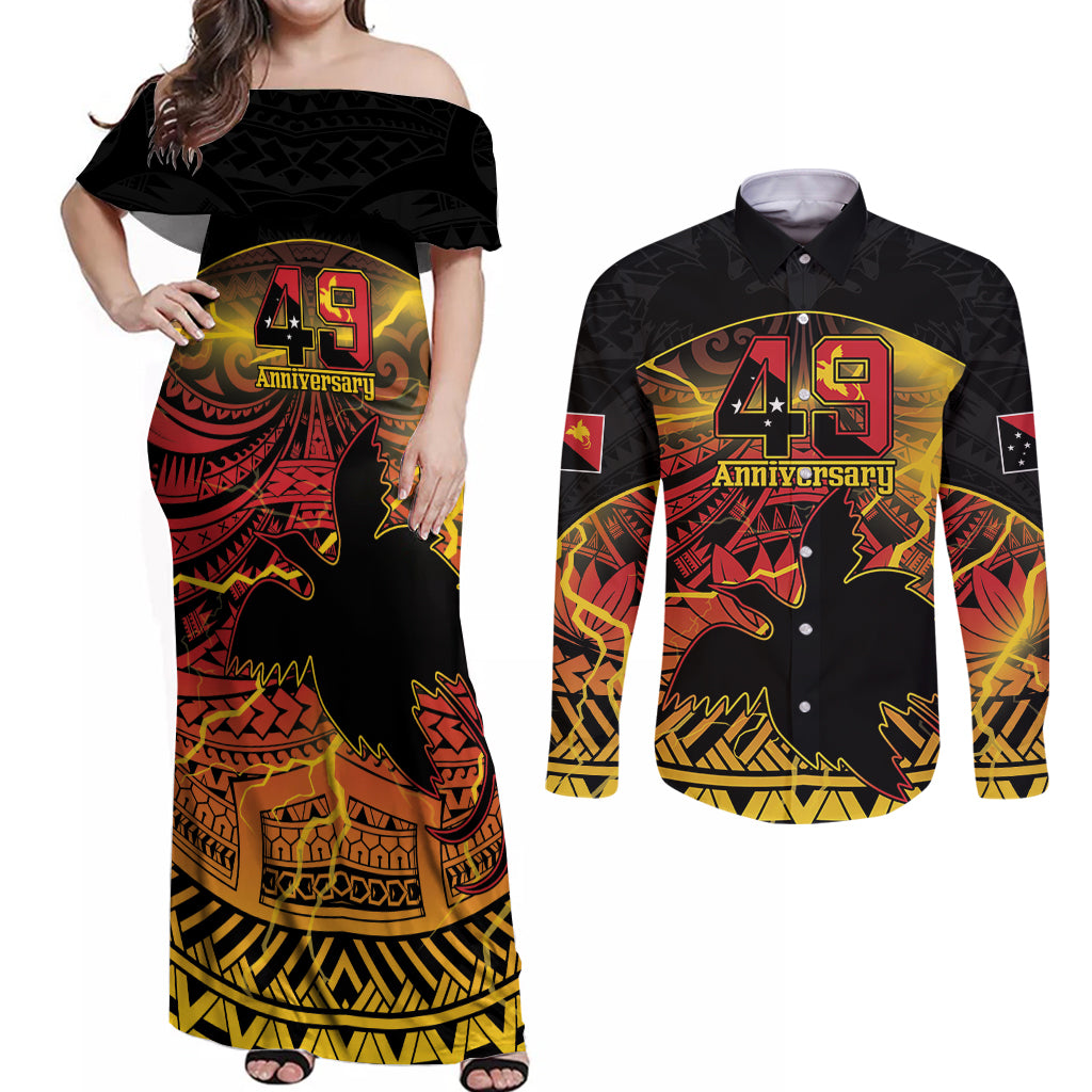 Personalised Papua New Guinea 49th Anniversary Couples Matching Off Shoulder Maxi Dress and Long Sleeve Button Shirt Bird of Paradise Unity In Diversity LT9 Black - Polynesian Pride