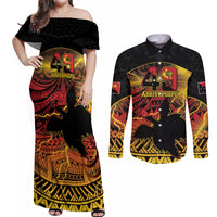 Personalised Papua New Guinea 49th Anniversary Couples Matching Off Shoulder Maxi Dress and Long Sleeve Button Shirt Bird of Paradise Unity In Diversity LT9 Black - Polynesian Pride