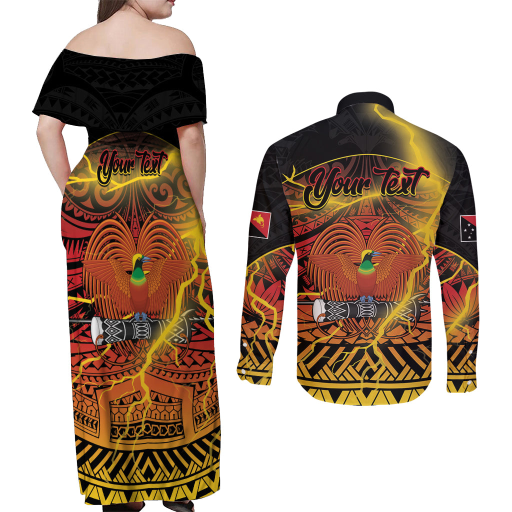 Personalised Papua New Guinea 49th Anniversary Couples Matching Off Shoulder Maxi Dress and Long Sleeve Button Shirt Bird of Paradise Unity In Diversity LT9 - Polynesian Pride