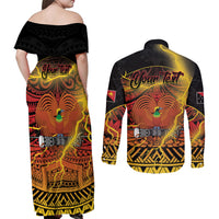 Personalised Papua New Guinea 49th Anniversary Couples Matching Off Shoulder Maxi Dress and Long Sleeve Button Shirt Bird of Paradise Unity In Diversity LT9 - Polynesian Pride