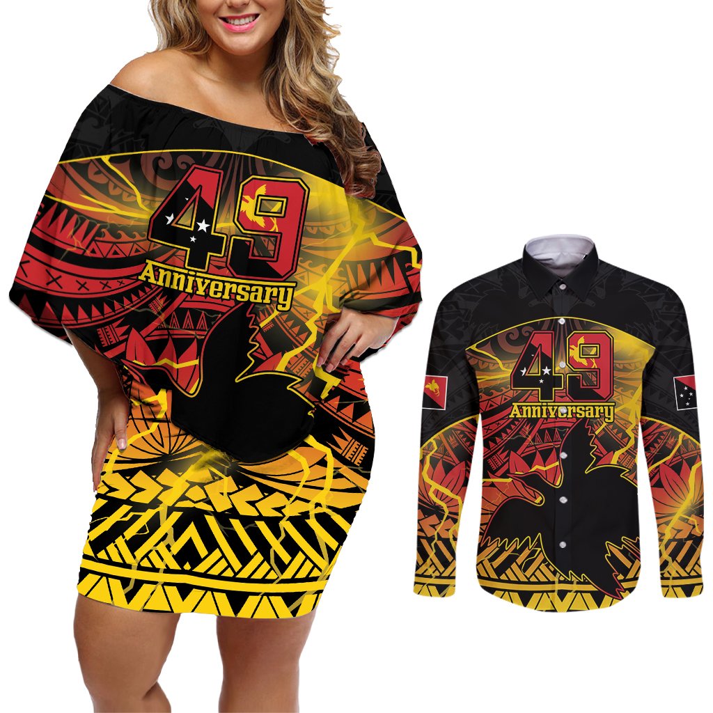 Personalised Papua New Guinea 49th Anniversary Couples Matching Off Shoulder Short Dress and Long Sleeve Button Shirt Bird of Paradise Unity In Diversity LT9 Black - Polynesian Pride
