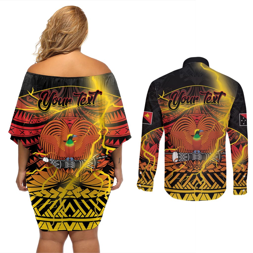 Personalised Papua New Guinea 49th Anniversary Couples Matching Off Shoulder Short Dress and Long Sleeve Button Shirt Bird of Paradise Unity In Diversity LT9 - Polynesian Pride