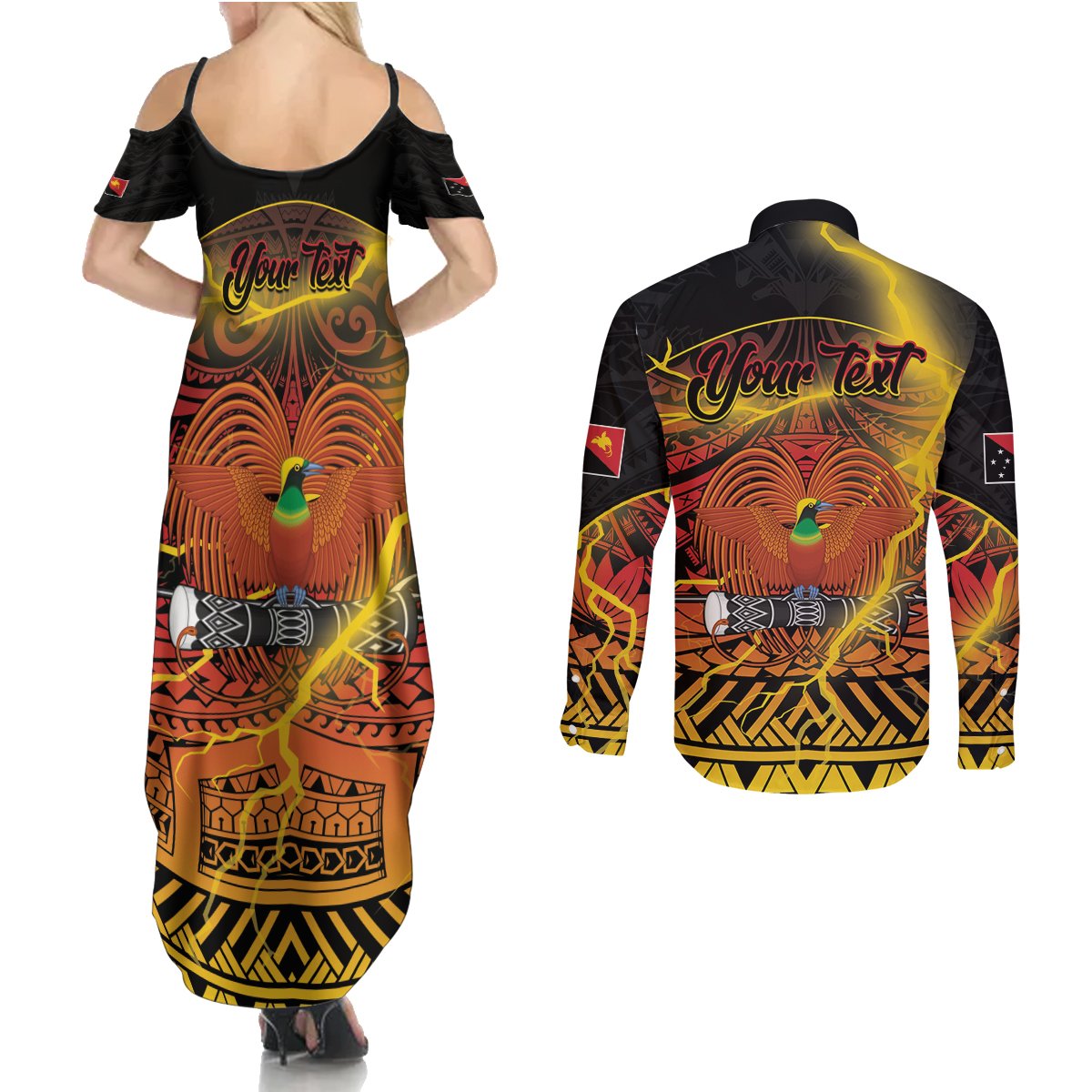 Personalised Papua New Guinea 49th Anniversary Couples Matching Summer Maxi Dress and Long Sleeve Button Shirt Bird of Paradise Unity In Diversity LT9 - Polynesian Pride