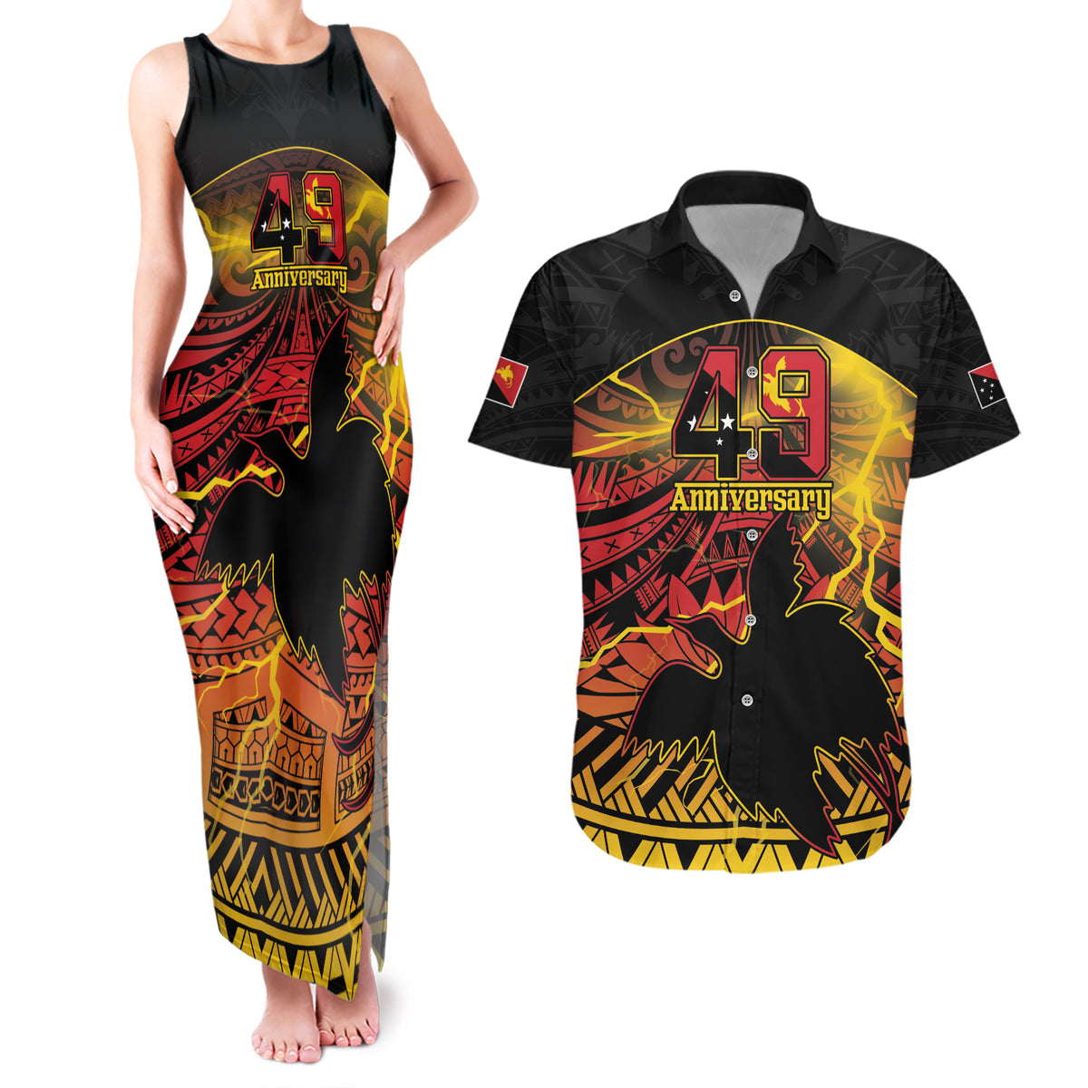 Personalised Papua New Guinea 49th Anniversary Couples Matching Tank Maxi Dress and Hawaiian Shirt Bird of Paradise Unity In Diversity LT9 Black - Polynesian Pride