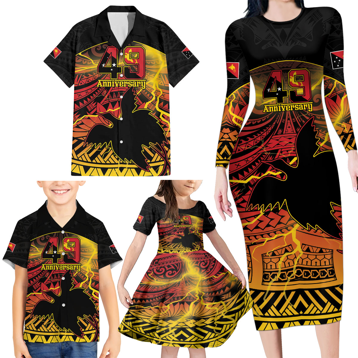 Personalised Papua New Guinea 49th Anniversary Family Matching Long Sleeve Bodycon Dress and Hawaiian Shirt Bird of Paradise Unity In Diversity LT9 - Polynesian Pride