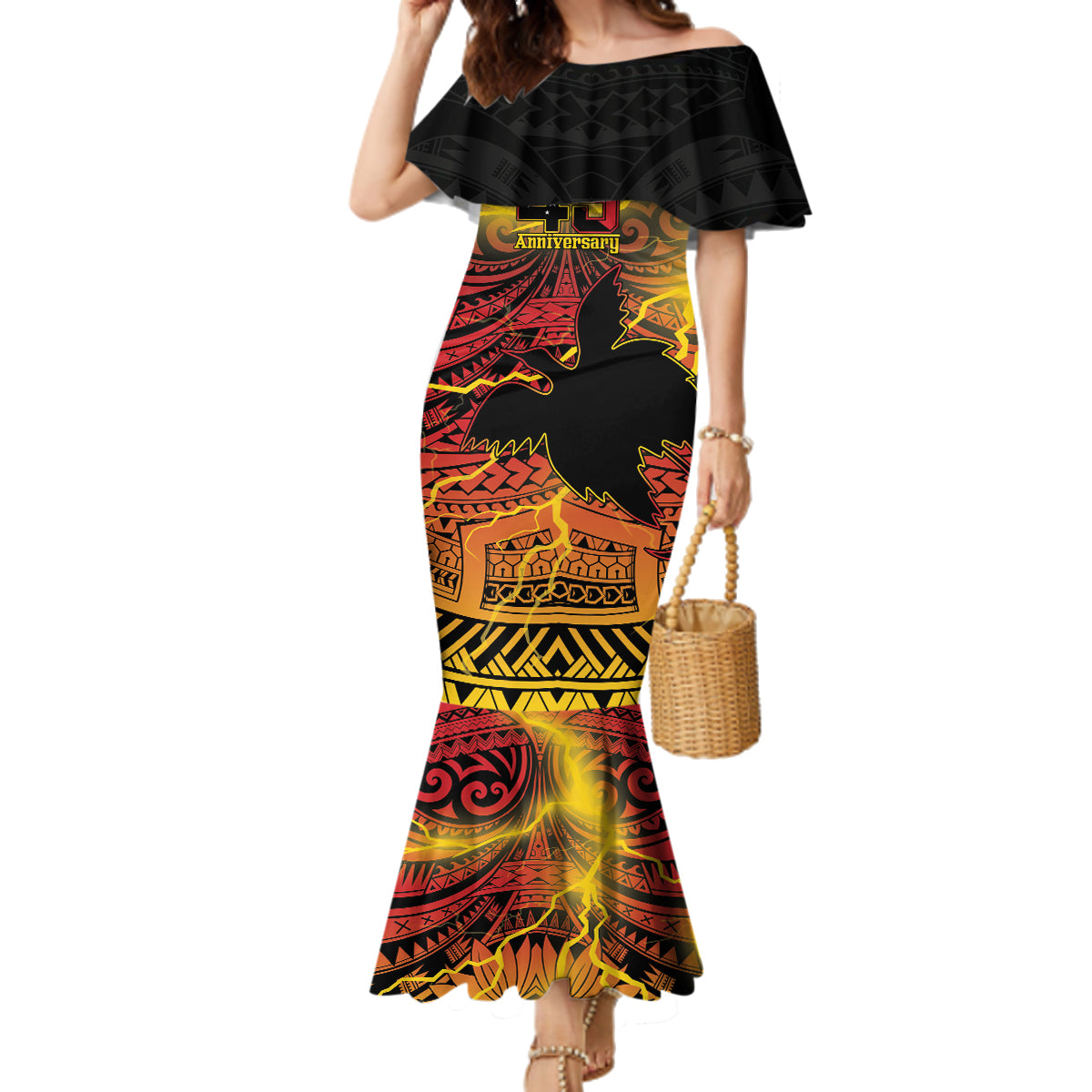Personalised Papua New Guinea 49th Anniversary Family Matching Mermaid Dress and Hawaiian Shirt Bird of Paradise Unity In Diversity LT9 Mom's Dress Black - Polynesian Pride