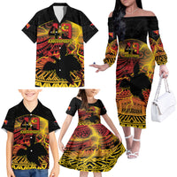 Personalised Papua New Guinea 49th Anniversary Family Matching Off The Shoulder Long Sleeve Dress and Hawaiian Shirt Bird of Paradise Unity In Diversity LT9 - Polynesian Pride