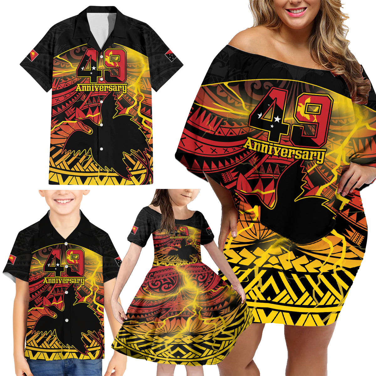 Personalised Papua New Guinea 49th Anniversary Family Matching Off Shoulder Short Dress and Hawaiian Shirt Bird of Paradise Unity In Diversity LT9 - Polynesian Pride