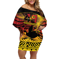 Personalised Papua New Guinea 49th Anniversary Family Matching Off Shoulder Short Dress and Hawaiian Shirt Bird of Paradise Unity In Diversity LT9 Mom's Dress Black - Polynesian Pride