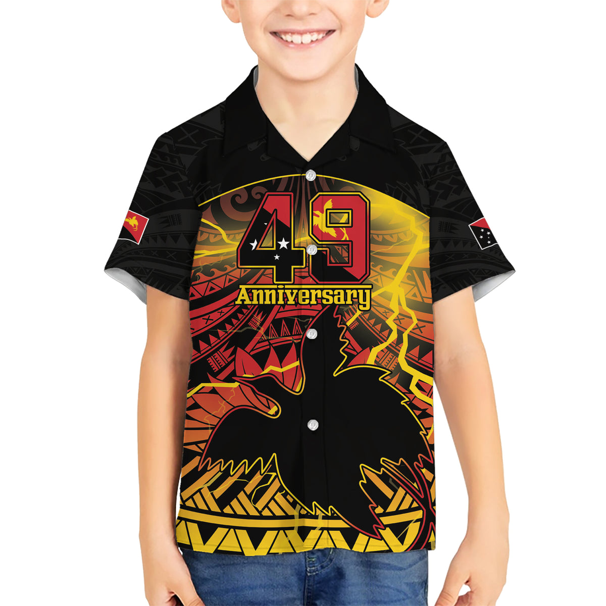 Personalised Papua New Guinea 49th Anniversary Family Matching Short Sleeve Bodycon Dress and Hawaiian Shirt Bird of Paradise Unity In Diversity LT9 Son's Shirt Black - Polynesian Pride