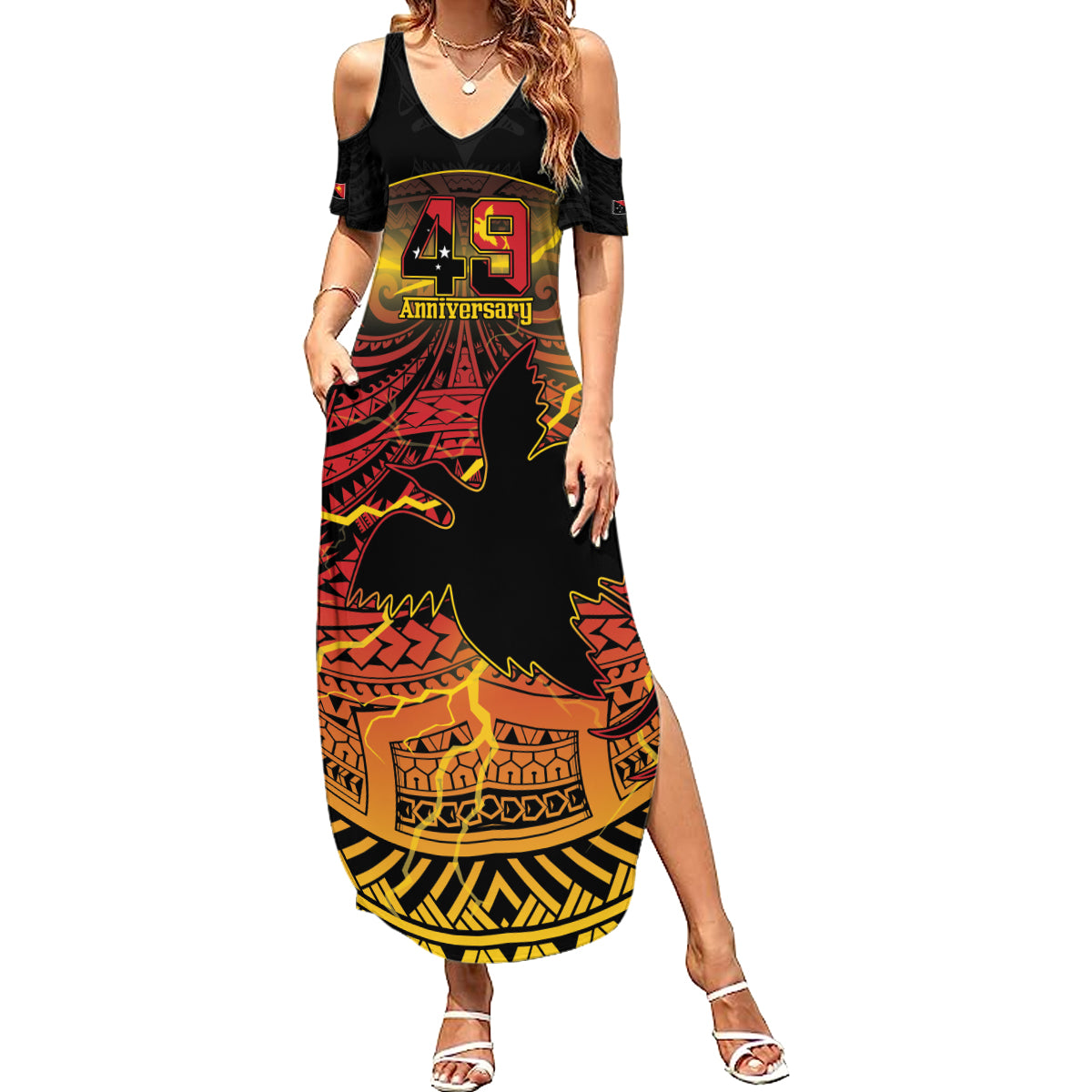 Personalised Papua New Guinea 49th Anniversary Family Matching Summer Maxi Dress and Hawaiian Shirt Bird of Paradise Unity In Diversity LT9 Mom's Dress Black - Polynesian Pride
