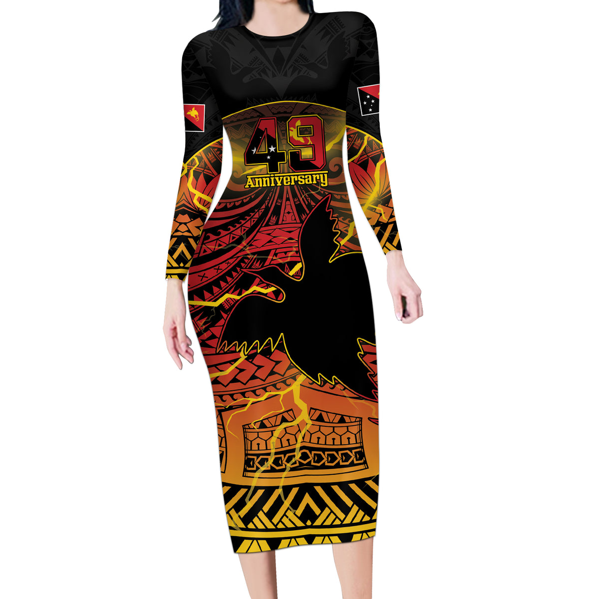 Personalised Papua New Guinea 49th Anniversary Long Sleeve Bodycon Dress Bird of Paradise Unity In Diversity LT9 Long Dress Black - Polynesian Pride