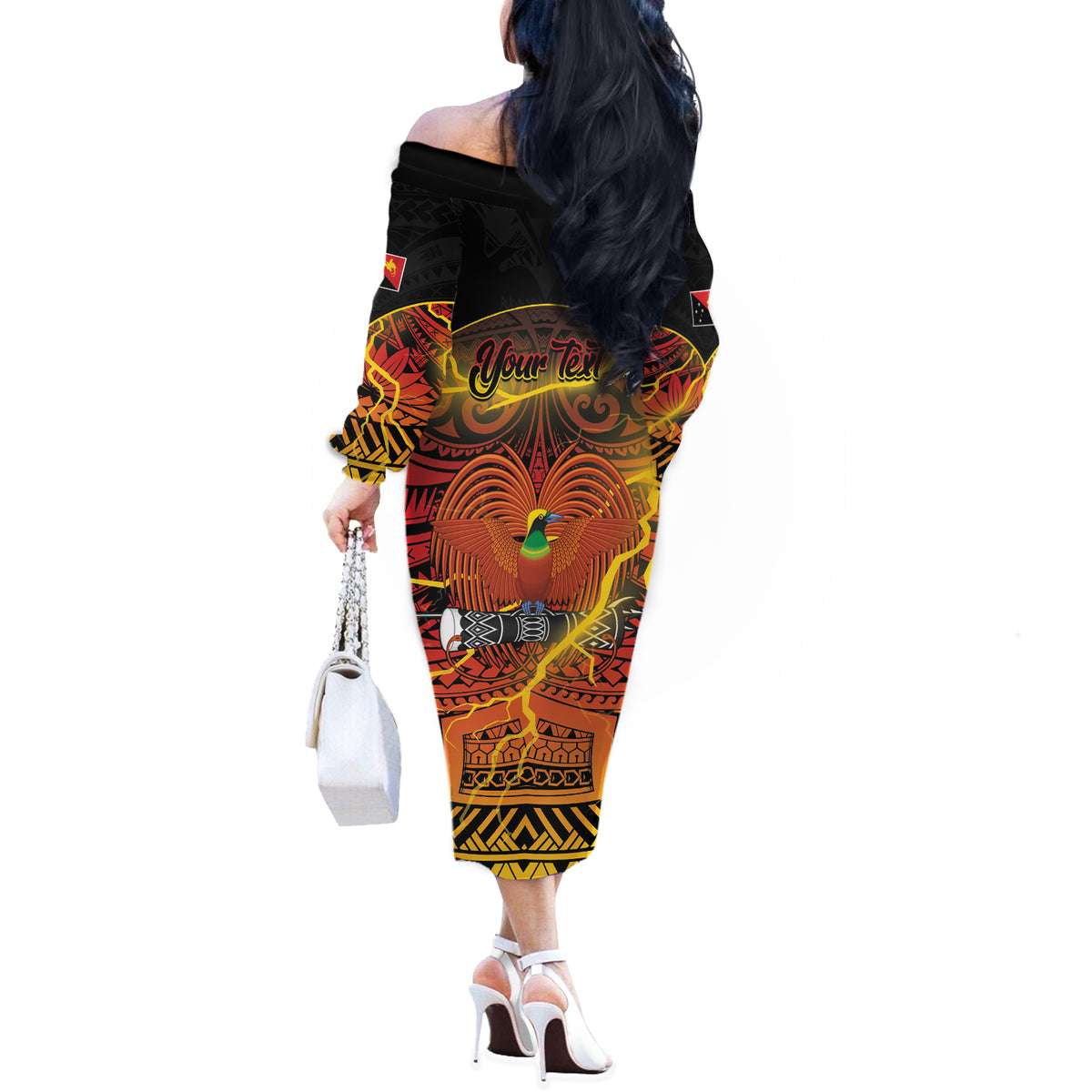 Personalised Papua New Guinea 49th Anniversary Off The Shoulder Long Sleeve Dress Bird of Paradise Unity In Diversity LT9 - Polynesian Pride