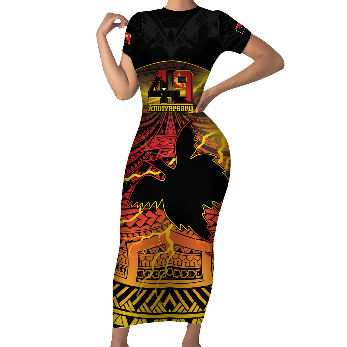 Personalised Papua New Guinea 49th Anniversary Short Sleeve Bodycon Dress Bird of Paradise Unity In Diversity LT9 Long Dress Black - Polynesian Pride