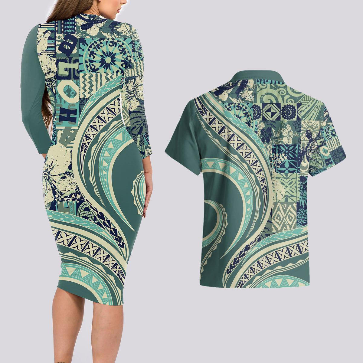 Hawaiian Hibiscus Tribal Vintage Motif Couples Matching Long Sleeve Bodycon Dress and Hawaiian Shirt Ver 1 LT9 - Polynesian Pride