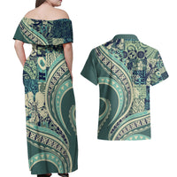Hawaiian Hibiscus Tribal Vintage Motif Couples Matching Off Shoulder Maxi Dress and Hawaiian Shirt Ver 1 LT9 - Polynesian Pride