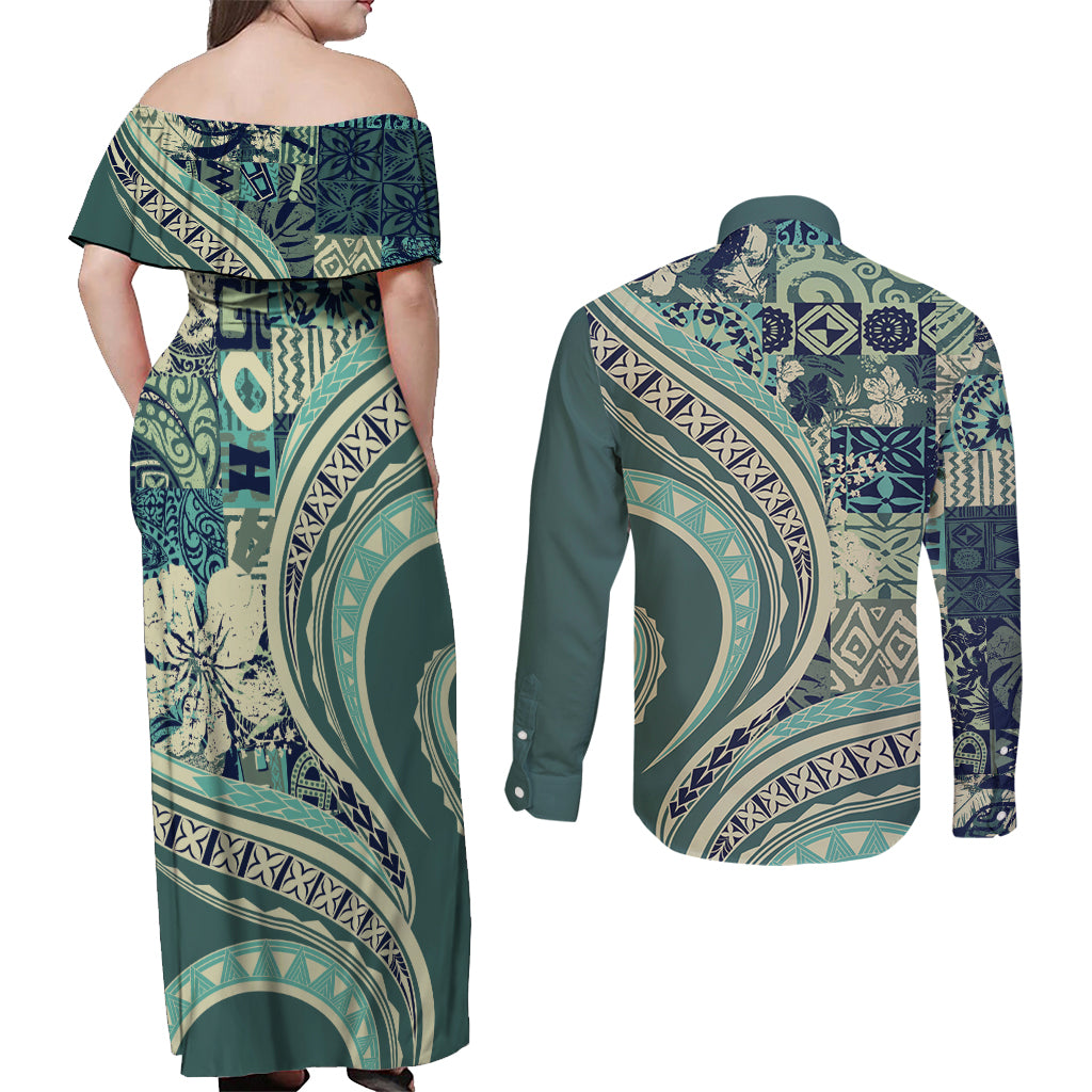 Hawaiian Hibiscus Tribal Vintage Motif Couples Matching Off Shoulder Maxi Dress and Long Sleeve Button Shirt Ver 1 LT9 - Polynesian Pride