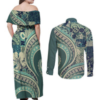 Hawaiian Hibiscus Tribal Vintage Motif Couples Matching Off Shoulder Maxi Dress and Long Sleeve Button Shirt Ver 1 LT9 - Polynesian Pride
