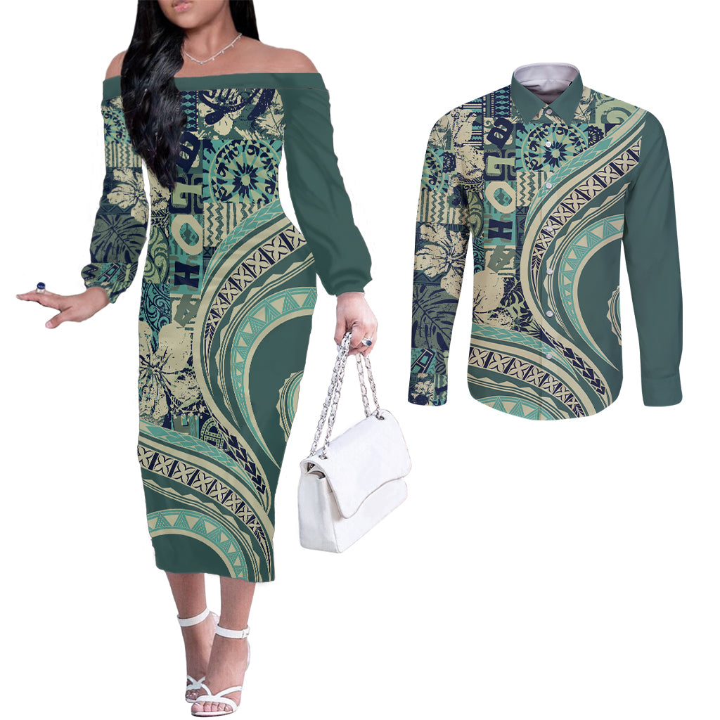 Hawaiian Hibiscus Tribal Vintage Motif Couples Matching Off The Shoulder Long Sleeve Dress and Long Sleeve Button Shirt Ver 1 LT9 Sea Green - Polynesian Pride