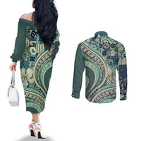 Hawaiian Hibiscus Tribal Vintage Motif Couples Matching Off The Shoulder Long Sleeve Dress and Long Sleeve Button Shirt Ver 1 LT9 - Polynesian Pride